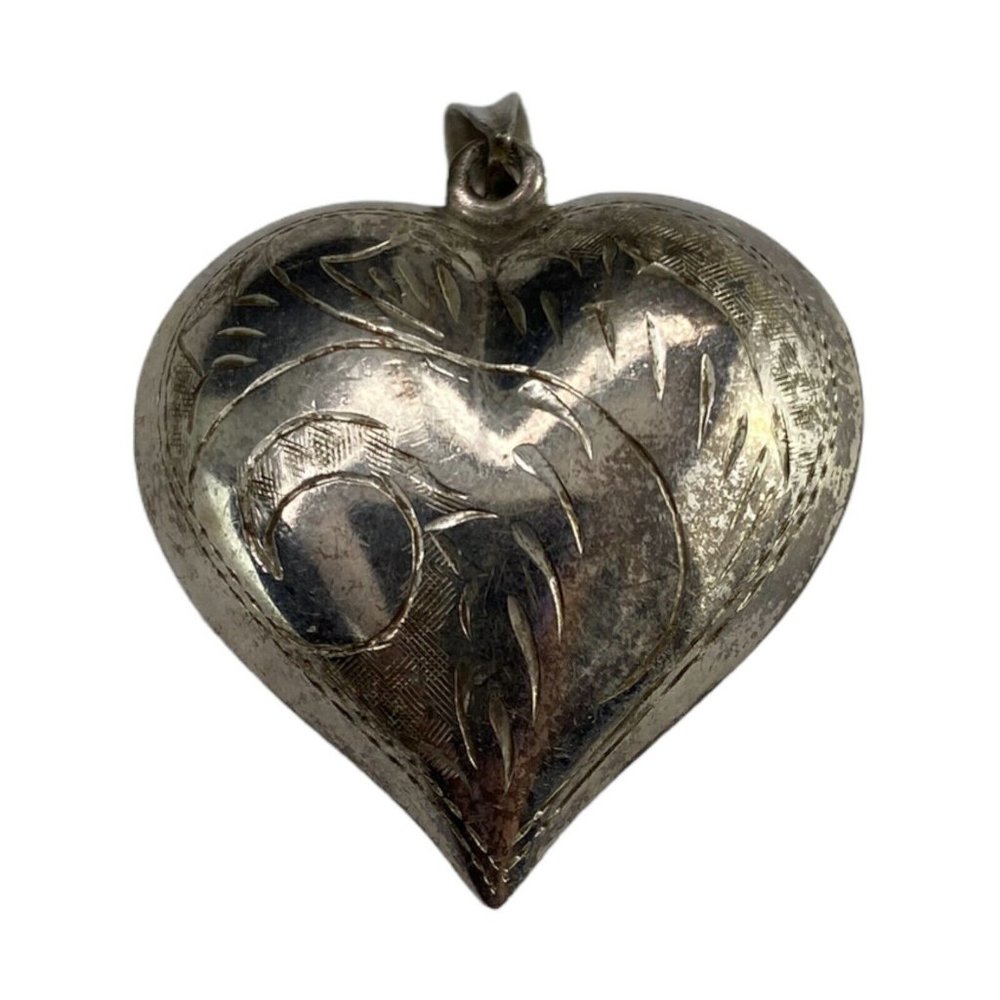 925 Sterling Silver Etched Puffy Heart Pendant VINTAGE ESTATE JEWELRY